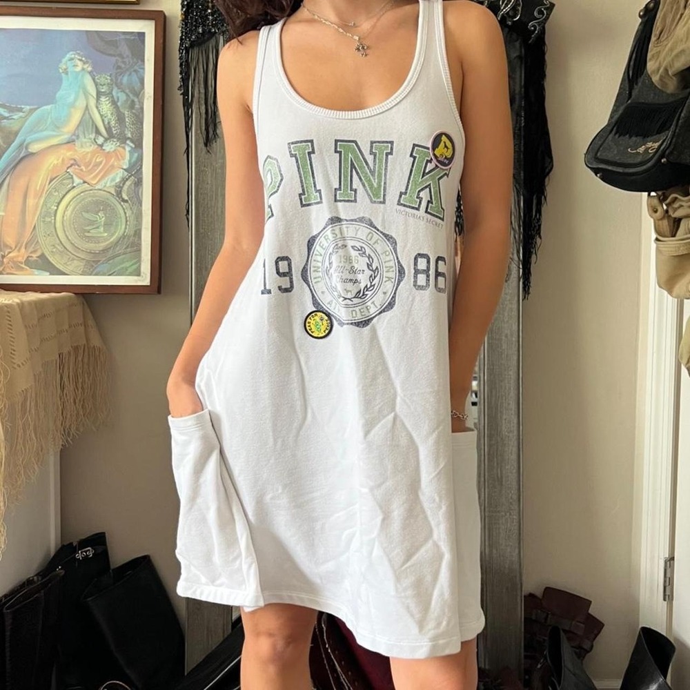 2000s Y2K RARE White Victoria Secret PINK TankTop Dress with Pockets Size XS
